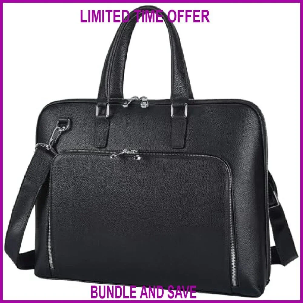 Leather Slim Briefcase for 15.6-16 Inch Laptop Professional Business Messenger